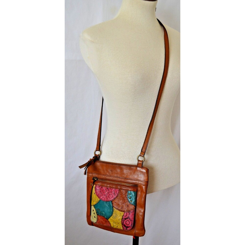 FOSSIL Handbag Purse Brown Leather Multicolor Patchwork Shoulder Bag Boho Hippie